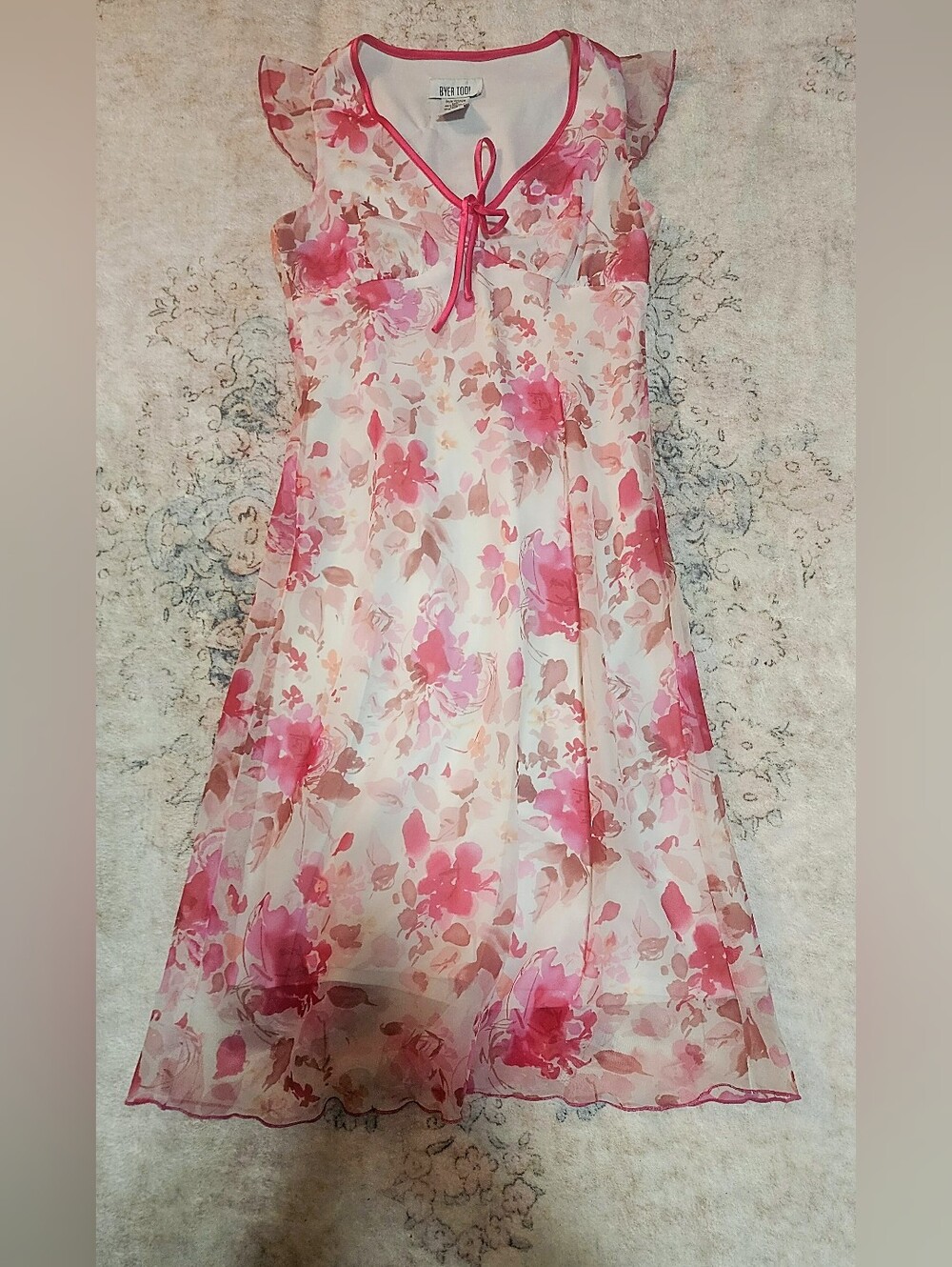 Vintage Byer Too Y2K Pink Floral Chiffon Flutter Sleeve Dress